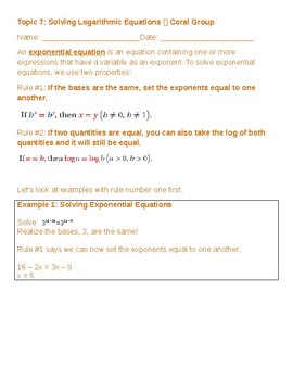 Preview of Solving Exponential and Logarithmic Equations Note and Problem Set