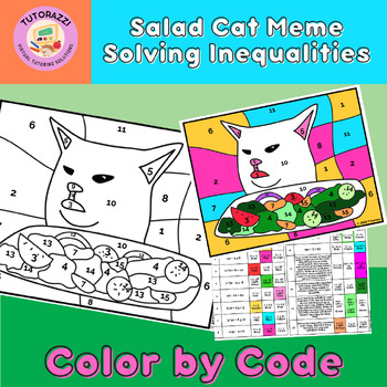 Preview of Solving Inequalities Algebra | Salad Cat Meme Color by Code Coloring Worksheet