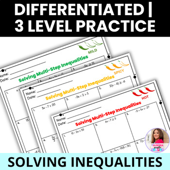 Preview of Solving Inequalities Differentiated Tiered 3 Levels Practice Quiz Worksheets