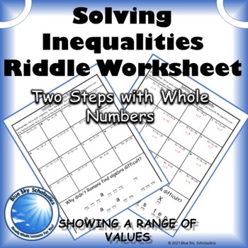 Preview of Solving Inequalities Involving Two-Steps and Whole Numbers - Riddle Worksheet