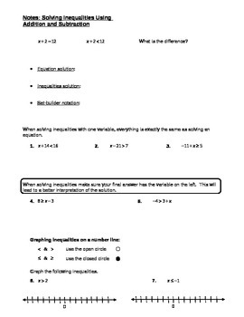 Preview of Solving Inequalities Using Addition and Subtraction NOTES