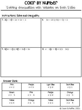 Solving Inequalities with Variables on Both Sides Coloring Activity