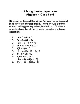 Preview of Solving Linear Equation Card Sorts