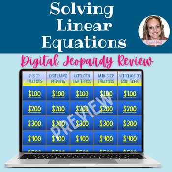 Preview of Solving Linear Equations Digital JEOPARDY Review Game