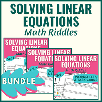 Preview of Solving Linear Equations Math Riddles Review Task Cards & Worksheets Bundle