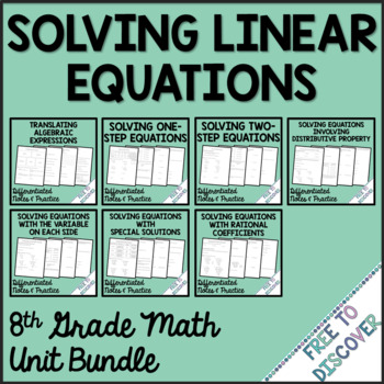 Preview of Solving Linear Equations Notes Practice Assessments Bundle