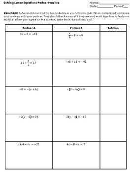 Solving Linear Equations Partner Practice by Leanna Kent | TpT