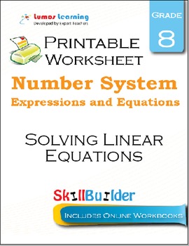 Preview of Solving Linear Equations Printable Worksheet, Grade 8