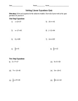 Solving Linear Equations Quiz by Mathkins | TPT