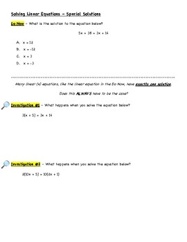 Preview of Solving Linear Equations - Special Solutions [No Solution / Infinitely Many]