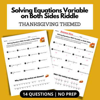 Preview of Solving Linear Equations Variable on Both Sides | Thanksgiving Riddle | NO PREP