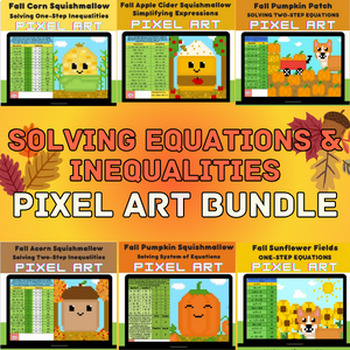 Preview of Solving Linear Equations and Inequalities Fall Pixel Art Bundle