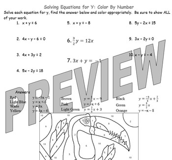 Solving Linear Equations for y Color by Number by Sarah Millard Lanahan