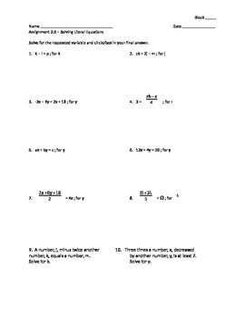 Preview of Solving Literal  Equations - Assignment