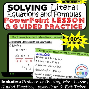 Preview of SOLVING LITERAL EQUATIONS & FORMULAS PowerPoint Lesson AND Practice | DIGITAL