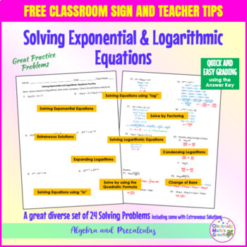 Preview of Solving Logarithmic Equations Worksheet w/Answer Key, Free Teacher Tips & Sign