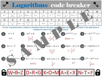 Solving Logarithmic Equations code-breaker activity