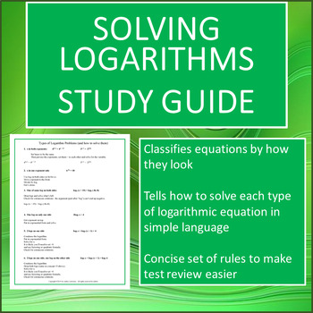 Preview of Solving Logarithms Test Review Sheet for Algebra 2