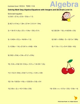 Preview of Solving Multi Step Algebra Equations with Integers and Decimals 3c 7.EE.B.3