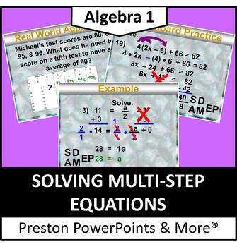 Preview of (Alg 1) Solving Multi-Step Equations in a PowerPoint Presentation