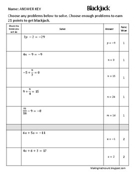 Solving Multi Step Equations Blackjack by Making Math Count with Diana