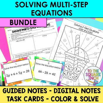 Preview of Solving Multi Step Equations Notes & Activities | Digital Notes | Task Cards