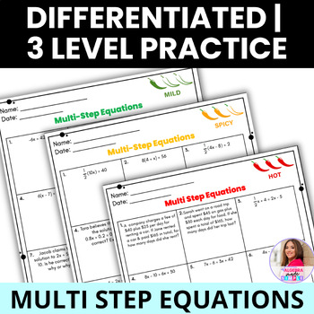 Preview of Solving Multi Step Equations Differentiated 3 Levels Practice Quiz Worksheets