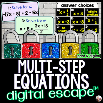 Preview of Solving Multi-Step Equations Digital Math Escape Room Activity