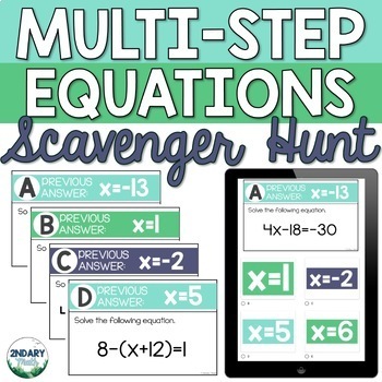 Preview of Solving Multi-Step Equations Digital and Printable Scavenger Hunt Activity