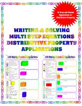 Preview of Solving Multi-Step Equations Distributive Property Area and Volume Applications