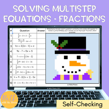 Preview of Solving Multi Step Equations Fractions Winter Pixel Art Digital Self Checking