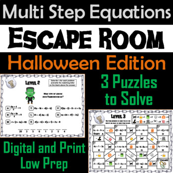 Preview of Solving Multi Step Equations Game: Escape Room Halloween Math Activity