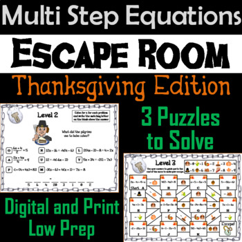 Preview of Solving Multi Step Equations Game: Escape Room Thanksgiving Math Activity
