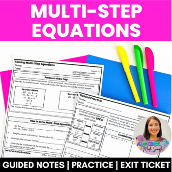 Preview of Solving Multi Step Equations Guided Notes Practice Exit Ticket Test Prep Work