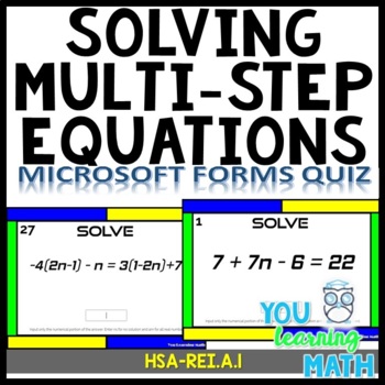 Preview of Solving Multi-Step Equations: Microsoft OneDrive Forms Quiz - 30 Problems