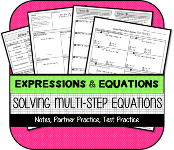Preview of Solving Multi-Step Equations Notes, Partner Activity, Test Practice