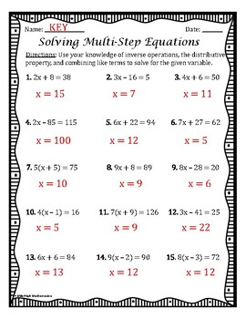 Solving Multi Step Equations Practice Activity/Worksheet by Mister