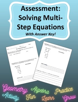 Preview of Solving Multi Step Equations Quiz - Assessment