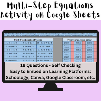 Preview of Solving Multi-Step Equations - Self Checking Digital Resource (on Google Sheets)