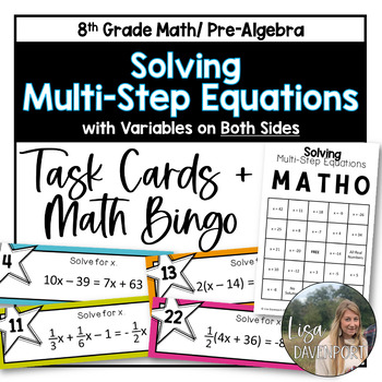 Preview of Solving Multi Step Equations Task Cards and Bingo Game for 8th Grade Math