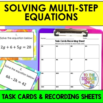 Preview of Solving Multi-Step Equations Task Cards | Math Center Practice Activity