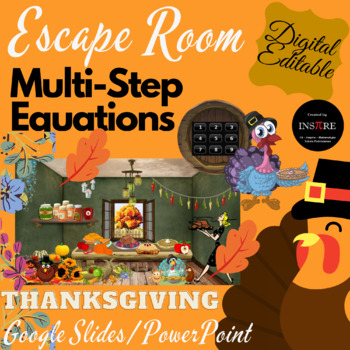 Preview of Solving Multi-Step Equations Thanksgiving Math Escape Room DIGITAL EDITABLE