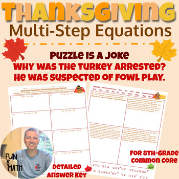 Preview of Solving Multi-Step Equations Thanksgiving Puzzle Review