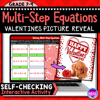 Preview of Solving Multi-Step Equations Valentine's Day Fun Digital Mystery Reveal