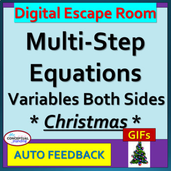Preview of Solving Multi-Step Equations | Variables Both Sides | Christmas Math Escape Room