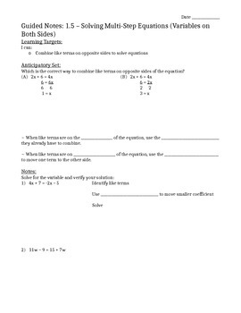 Preview of Solving Multi-Step Equations (Variables on Both Sides) - Notes