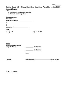 Preview of Solving Multi-Step Equations (Variables on One Side) - Notes