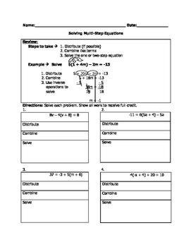 Solving Multi-Step Equations Worksheet by Middle School Math HeadQuarters