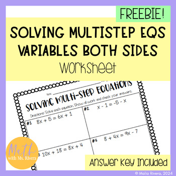 Preview of Solving Multi Step Equations Worksheet Variables on Both Sides Algebra 1 | FREE