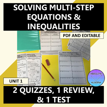 Solving Multi Step Equations and Inequalities Quiz Review Test Editable U1